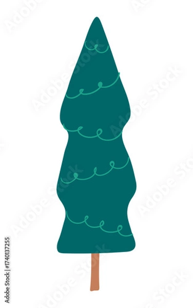 Fototapeta Undecorated Christmas tree, fir, pine, spruce tree isolated on transparent. Hand drawn flat vector illustration. Traditional holiday, Xmas, New Year, seasonal design element, clip art