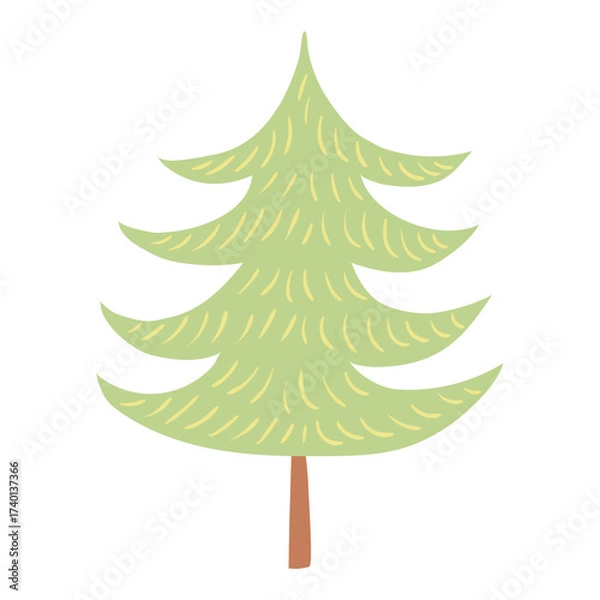 Fototapeta Undecorated Christmas tree, fir, pine, spruce tree isolated on transparent. Hand drawn flat vector illustration. Traditional holiday, Xmas, New Year, seasonal design element, clip art