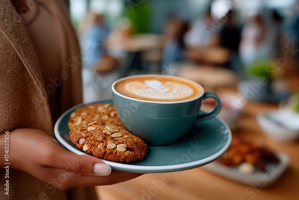 Obraz Woman holding cappuccino with latte art and cookies
