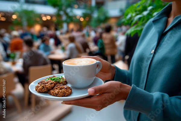 Obraz Person serving coffee and cookies in a bustling cafe