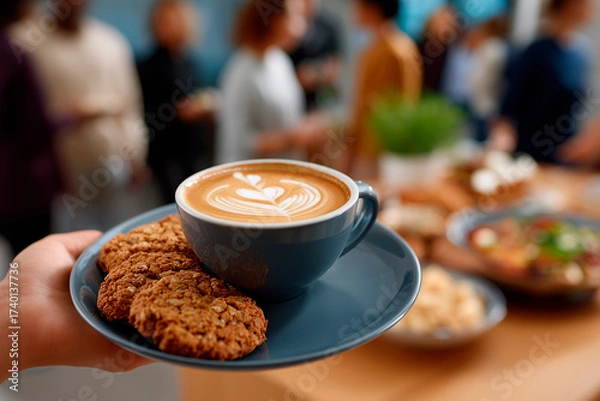 Obraz Hand serving latte art coffee and cookies on a plate