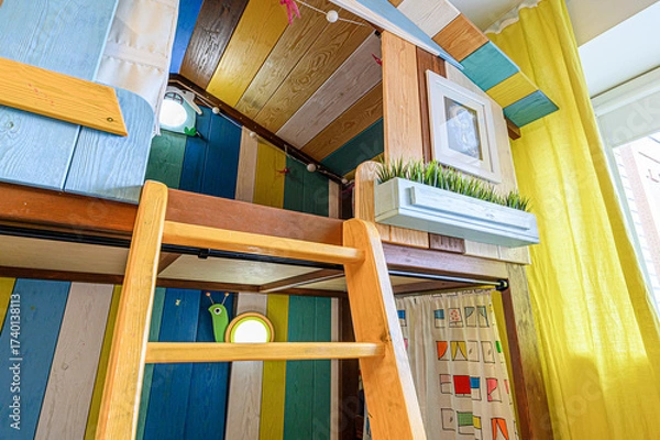 Fototapeta A colorful, playful children's bedroom with a unique wooden loft bed resembling a treehouse. The bed is accessed by a wooden ladder. Yellow curtains add warmth to the room