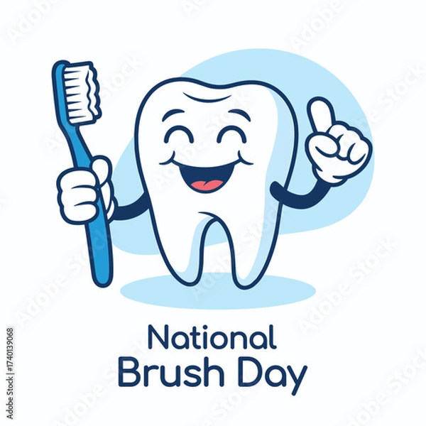 Fototapeta A smiling cartoon tooth character enthusiastically holds a toothbrush, promoting National Brush Day for excellent oral hygiene.