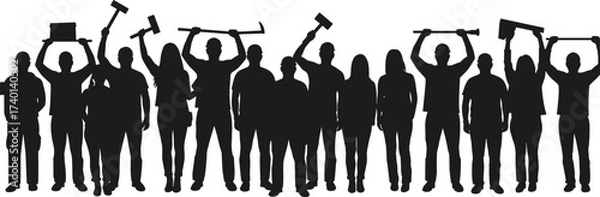 Fototapeta Silhouettes of workers holding tools, hammers, wrenches, saws, hard hats, vector illustration for labor, unity, construction, teamwork, design