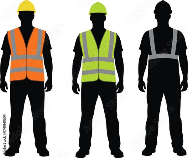 Fototapeta Silhouettes of workers in safety vests, hard hats, reflective gear, vector illustration for construction, PPE, labor, visibility, industry, design