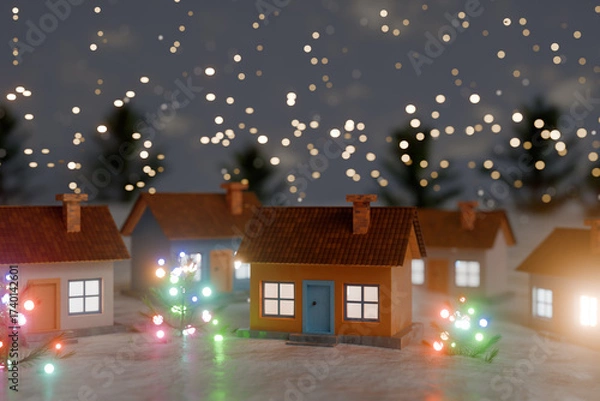 Obraz Miniature houses decorated with christmas lights in a festive holiday scene. 3d rendering