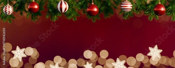 Obraz Christmas decorations with red and white baubles hanging from a festive pine garland. 3d rendering
