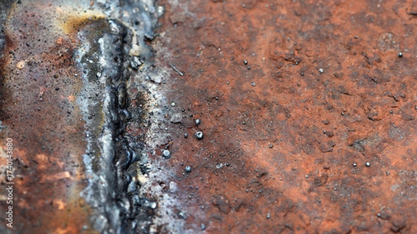Fototapeta old iron sheet. Rusty metal surface and crooked welds. Rusty steel. vintage style. rusty iron. for background. close-up. oxidation, destruction. worn surface. space for text. close-up, macro