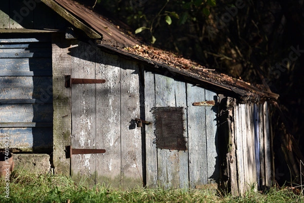 Fototapeta Ukrainian village house, surrounded by trees in the garden and greenery. A glimpse into traditional rural life and folk architecture. A house in a village, a summer cottage, close-up