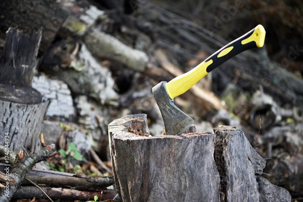 Fototapeta an axe in a stump. A close-up view of a rugged axe embedded in a wooden log, evoking notions of forestry, craftsmanship, and outdoor activities in nature. preparing firewood for the winter