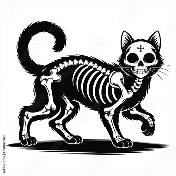 Obraz Spooky skeleton cat with skull head and cross symbol halloween theme