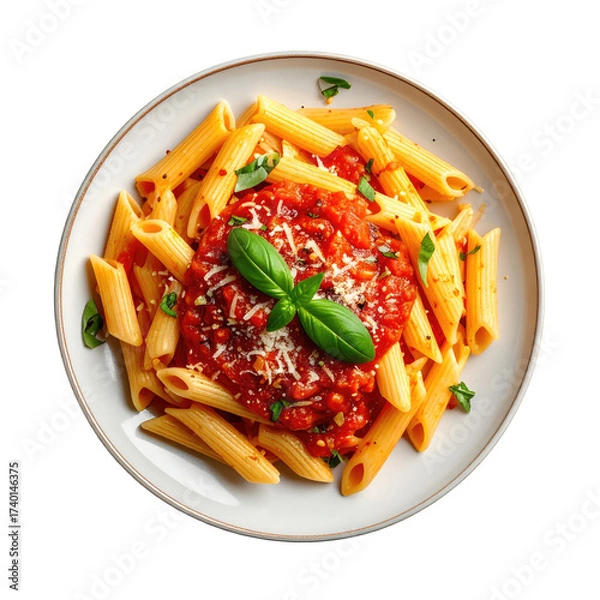 Obraz Overhead view of penne pasta with tomato sauce, topped with basil and cheese