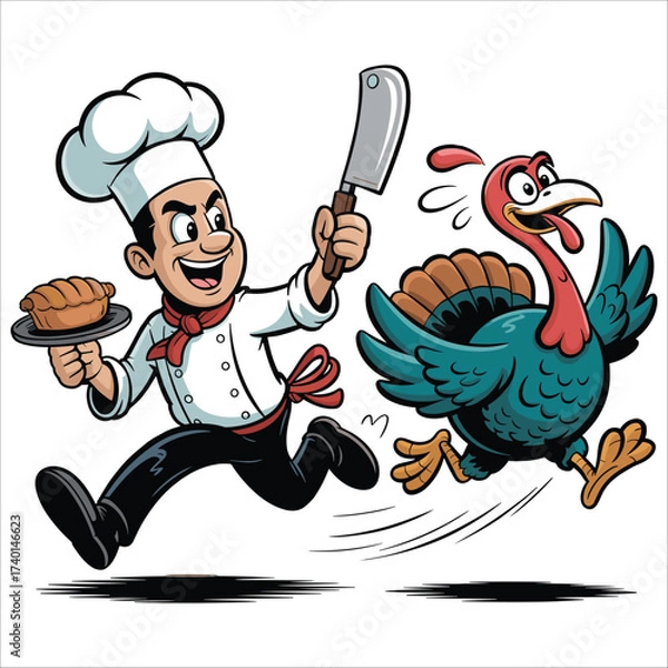 Obraz Chef chases turkey holding pie with cleaver thanksgiving dinner holiday celebration