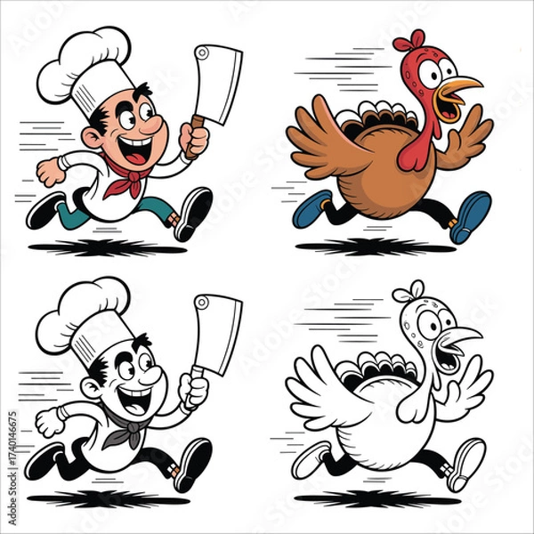 Obraz Chef and turkey running cartoon characters for thanksgiving and culinary themes
