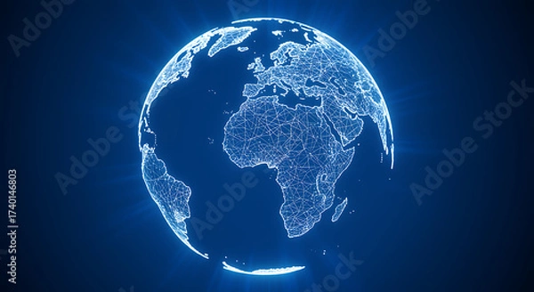 Fototapeta Glowing blue digital earth with network lines globe
