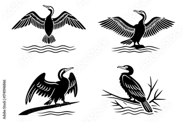 Fototapeta Minimalist cormorant drying wings icon set