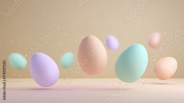 Fototapeta Colorful decorative eggs in pastel shades floating against a soft beige background