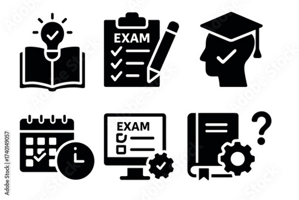 Fototapeta Exam preparation and study icon set. Vector black symbols of education and testing