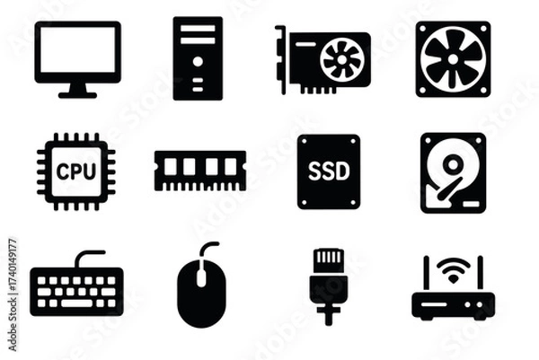 Fototapeta Computer hardware and PC components icon set. Vector black symbols of computer parts