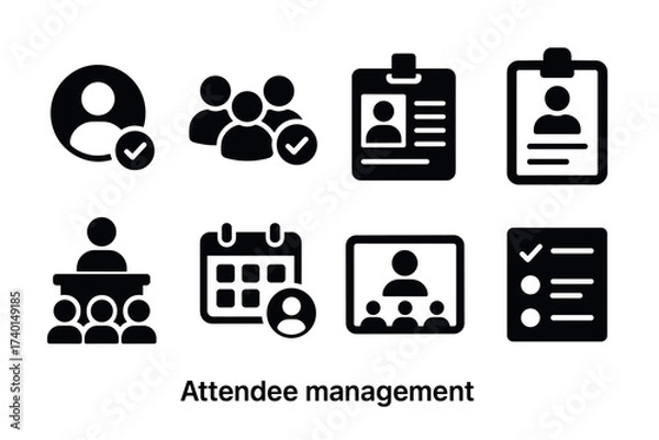 Fototapeta Attendee management and event registration icon set. Vector black symbols of conference and participants