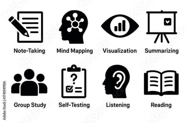 Fototapeta Study methods and learning techniques icon set. Vector black symbols of effective education strategies