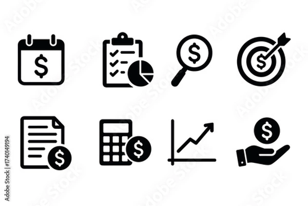 Fototapeta Accounting and Finance Icon Set. Vector black business symbols of calculator, chart, document, audit, target, and budget illustrations