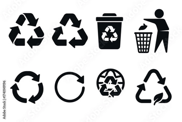Fototapeta Recycle and ecology icon set. Vector black symbols of waste reduction and environment