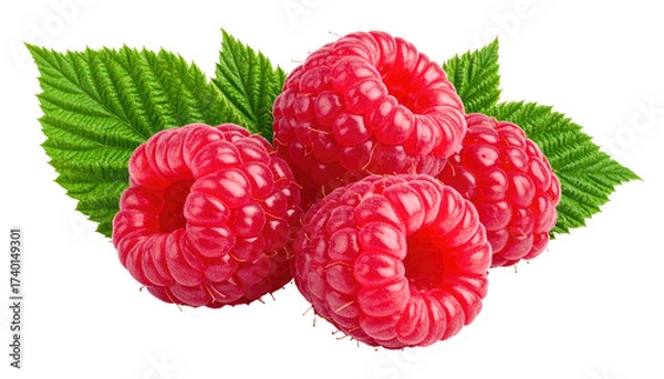 Fototapeta Fresh raspberries with leaves. Close-up of three ripe, juicy raspberries, vibrant red in color, clustered together.  Green leaves add natural freshness