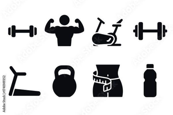 Fototapeta Fitness and gym icon set. Vector black symbols of workout and exercise