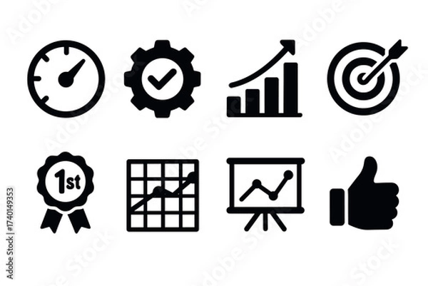 Fototapeta Performance and productivity icon set. Vector black symbols of efficiency and success