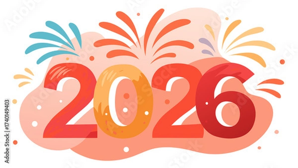 Fototapeta A festive design with large, stylized 2026 numbers surrounded by bursts of fireworks and confetti elements, creating an atmosphere of joy and celebration