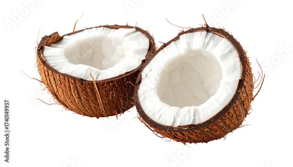Obraz Two halves of a coconut, close-up.  The outer husk is a light brown, fibrous texture.  The inner flesh is a bright white.  A smooth, slightly glossy texture on the inside