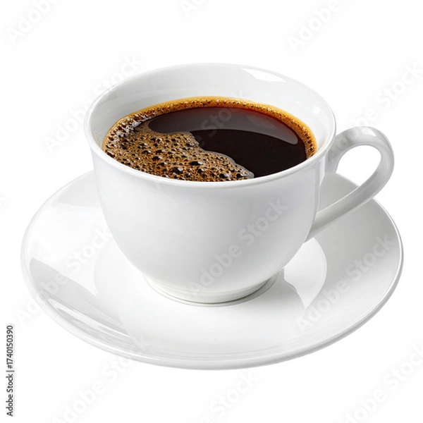 Obraz A steaming cup of black coffee in a white porcelain cup and saucer