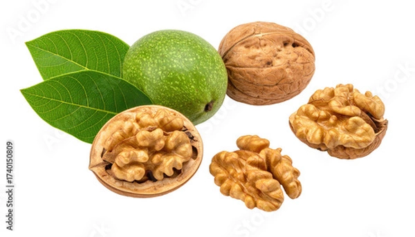 Obraz Whole and halved walnuts with green leaves