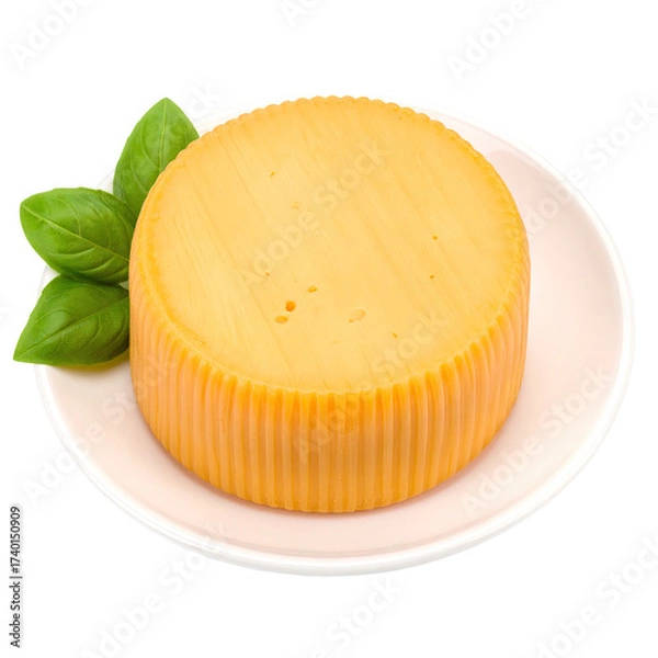 Obraz Round, orange cheese on a small plate, with basil leaves
