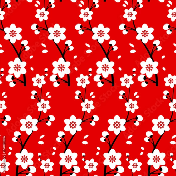 Fototapeta Seamless pattern of traditional Chinese sakura flowers on a branch on a red background