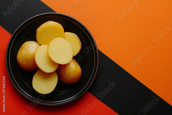 Obraz Boiled potatoes on black plate