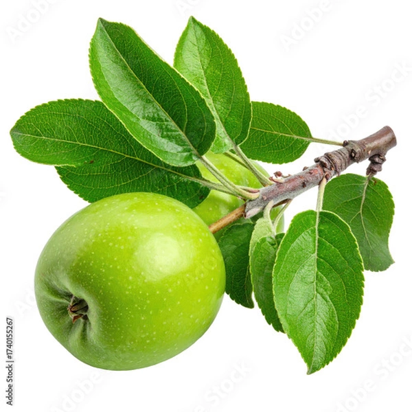 Fototapeta Two vibrant green apples on a branch with lush leaves.  Fresh, healthy produce.  Close-up, isolated on black