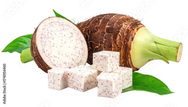 Obraz Fresh taro root, halved and cubed, with leaves
