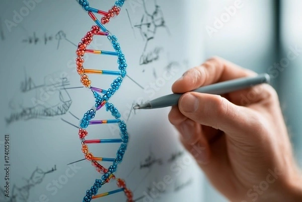Fototapeta A researcher is sketching a detailed DNA double helix on a chalkboard using colorful markers. The lab is bright and filled with scientific drawings, highlighting the process of exploration