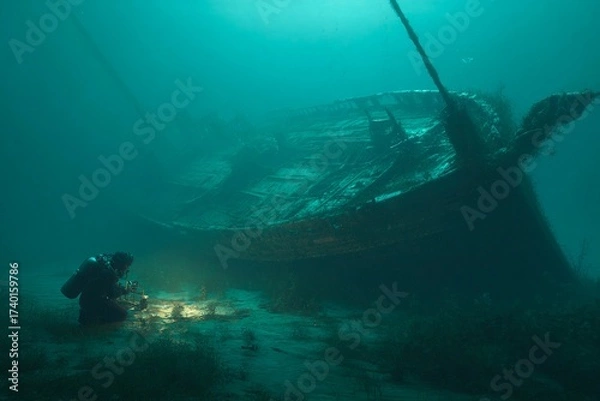 Fototapeta A diver investigates an ancient shipwreck resting on the ocean floor, illuminated by a bright light. The surrounding water creates a mysterious and tranquil scene