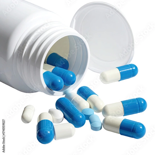 Fototapeta White plastic pill bottle with open lid, spilling blue and white capsules