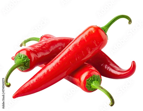 Fototapeta Three vibrant red chili peppers, crossed,  displaying their pointed ends and green stems against a black background