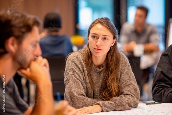Fototapeta People engage in conversation in a bright office space. A woman attentively listens while others share ideas. The atmosphere is collaborative and focused