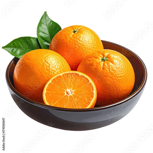 Fototapeta Three whole oranges and one sliced orange in a dark brown bowl, topped with leaves