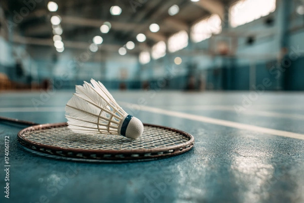 Obraz Racket and shuttlecock isolated on badminton court floor, minimal design highlighting indoor sporting culture, precision equipment, and the visual beauty of athletic preparation.
