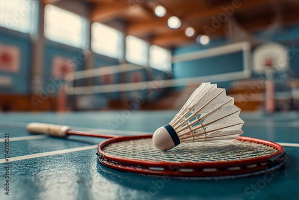 Obraz Badminton gear arranged on indoor court, shuttlecock with racket photographed in sharp detail, emphasizing simplicity, athletic focus, and modern sports lifestyle.