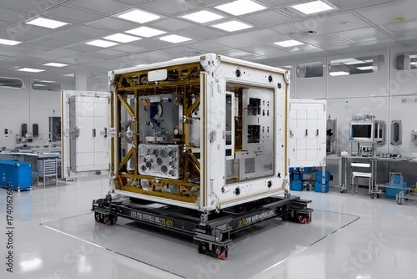 Fototapeta A cutting-edge research module is positioned in a clean room, surrounded by advanced laboratory equipment, preparing for scientific experiments related to space exploration