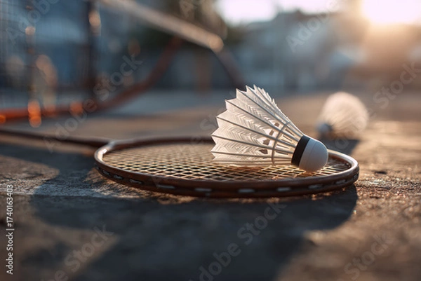 Obraz Shuttlecock with racket carefully arranged on badminton court, soft studio-like lighting accentuating sharp detail, indoor sports gear photography showcasing precision and simplicity.