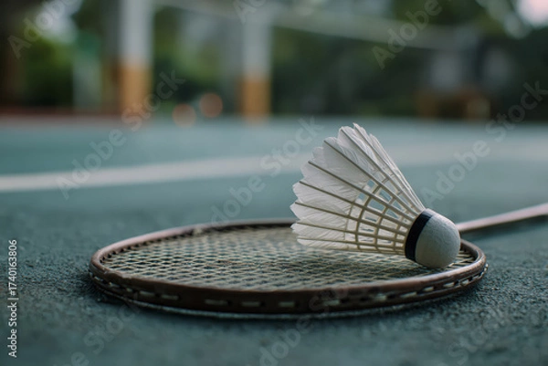 Obraz Minimalist sports scene featuring badminton racket and shuttlecock on smooth indoor court, emphasizing balance between athletic culture, competitive energy, and clean design presentation.